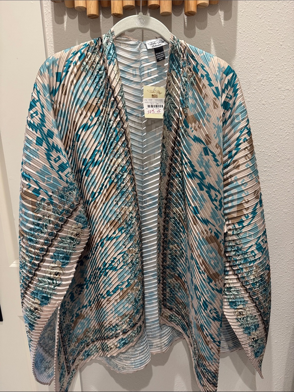 Tasha Polizzi Pleated Open-Front Jacket in Teal & Cream